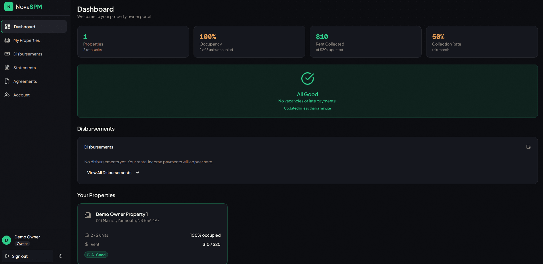 Property management portal with financial overview